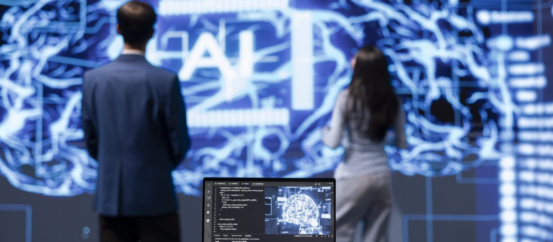 IT engineers using artificial intelligence augmented reality hologram