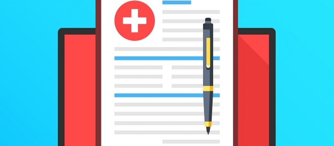 Health insurance on laptop screen. Notebook and clipboard with medical record and pen. Online document. Filling application form concepts. Modern long shadow flat design graphic elements. Vector illustration
